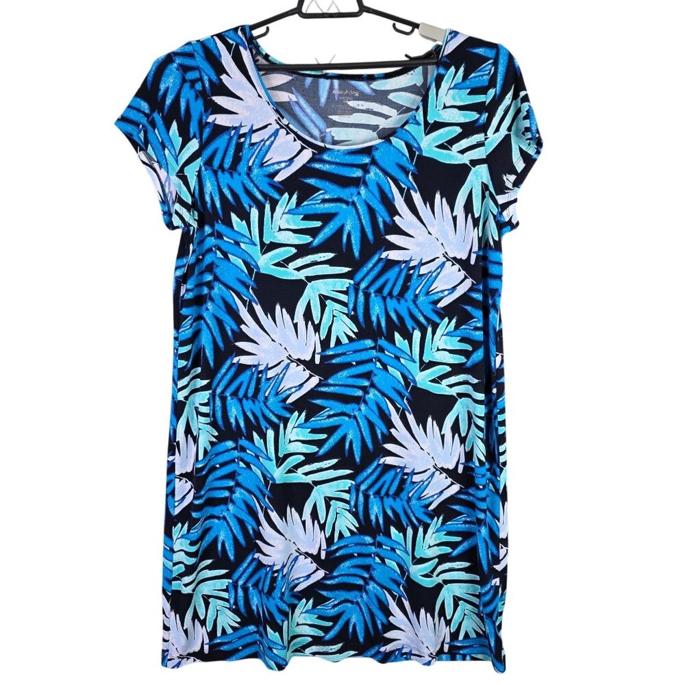 Womens White Stag Blue Tropical Leaf Print Dress Short Sleeve Polyester XXL